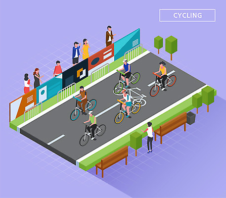 전신 나무 여자 남자 도로 벤치 일러스트 건강 여러명 운동 자전거 보라색 군중 즐거움 아이소메트릭 국내일러스트 AI파일 식물 감정 길 컬러 다수 의자 교통시설 사람 바이크 파일형식 벡터