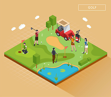전신 나무 여자 남자 호수 골프 일러스트 골프장 건강 여러명 운동 갈색 골프채 깃발 골프가방 즐거움 골프카트 아이소메트릭 국내일러스트 AI파일 식물 감정 컬러 다수 가방 스포츠시설 골프용품 사람 구기 파일형식 벡터