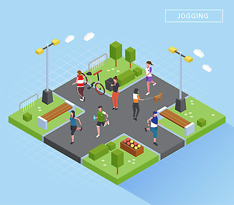 전신 나무 공원 여자 남자 꽃 가로등 벤치 일러스트 건강 여러명 파란색 달리기 조깅 운동 자전거 즐거움 아이소메트릭 국내일러스트 AI파일 식물 공공시설 감정 컬러 다수 의자 모션 사람 바이크 파일형식 벡터