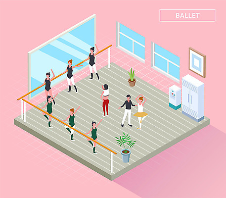 전신 여자 남자 분홍색 일러스트 창문 건강 여러명 운동 거울 장롱 발레 즐거움 발레리나 봉 아이소메트릭 발레리노 정수기 국내일러스트 AI파일 감정 컬러 가구 다수 사람 춤 파일형식 벡터
