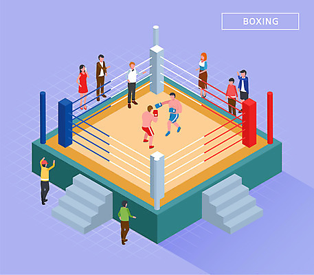 전신 여자 남자 일러스트 건강 여러명 운동 계단 보라색 권투 심판 권투선수 군중 즐거움 아이소메트릭 국내일러스트 AI파일 감정 컬러 다수 운동선수 사람 격투기 파일형식 벡터