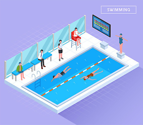 전신 여자 남자 수영복 벤치 일러스트 수영장 건강 여러명 운동 보라색 수영 심판 즐거움 수영선수 아이소메트릭 배영 자유형 국내일러스트 AI파일 옷 감정 컬러 다수 의자 운동선수 사람 수상스포츠 파일형식 벡터