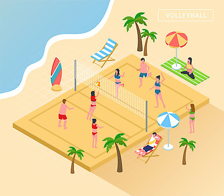 전신 여자 남자 일러스트 운동선수 건강 여러명 해변 파란색 야자수 운동 파라솔 비치발리볼 배구 즐거움 비치베드 아이소메트릭 국내일러스트 AI파일 나무 감정 스포츠 바다 컬러 다수 사람 구기 비치볼 파일형식 벡터