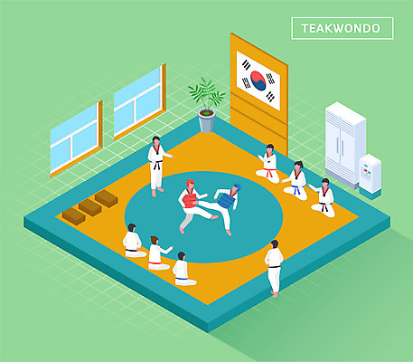전신 여자 남자 화분 일러스트 창문 운동선수 건강 경기 여러명 초록색 운동 태극기 즐거움 태권도 아이소메트릭 정수기 태권도장 국내일러스트 AI파일 감정 스포츠 컬러 다수 사람 격투기 국기 학원 파일형식 벡터