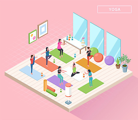전신 여자 꽃 화분 분홍색 액자 일러스트 요가 건강 여러명 운동 강사 매트 짐볼 생수 즐거움 아이소메트릭 국내일러스트 AI파일 식물 직업 웰빙 감정 컬러 다수 사람 물병 파일형식 벡터