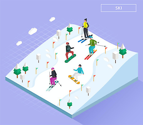 전신 나무 구름 여자 남자 일러스트 스키 스키장 건강 여러명 운동 보라색 눈 보드 즐거움 아이소메트릭 국내일러스트 AI파일 자연요소 식물 감정 스포츠 컬러 다수 날씨 겨울스포츠 사람 파일형식 벡터