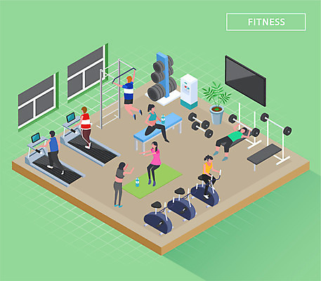 전신 여자 남자 화분 일러스트 건강 여러명 초록색 운동 운동기구 헬스 헬스장 매트 역기 즐거움 런닝머신 아이소메트릭 정수기 국내일러스트 AI파일 감정 컬러 다수 사람 파일형식 벡터