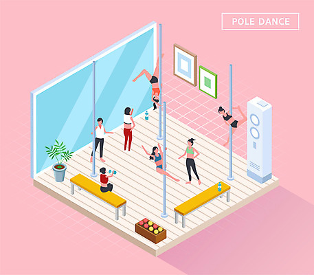 전신 여자 남자 꽃 화분 분홍색 의자 일러스트 건강 여러명 운동 강사 거울 에어컨 즐거움 봉 아이소메트릭 폴댄스 국내일러스트 AI파일 식물 직업 감정 컬러 가구 다수 사람 가전제품 춤 파일형식 벡터