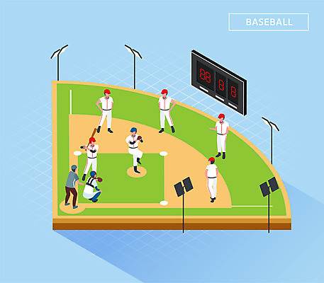 전신 남자 일러스트 조명 건강 여러명 파란색 운동 야구 타자 야구선수 즐거움 투수 야구장 포수 아이소메트릭 와인드업 국내일러스트 AI파일 감정 컬러 다수 스포츠시설 운동선수 사람 구기 파일형식 벡터