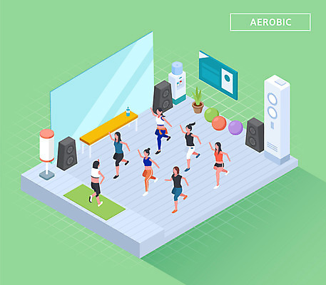 전신 여자 남자 일러스트 조명 건강 여러명 초록색 운동 강사 스피커 거울 짐볼 에어컨 즐거움 에어로빅 아이소메트릭 정수기 국내일러스트 AI파일 직업 감정 컬러 음향기기 다수 사람 가전제품 춤 파일형식 벡터