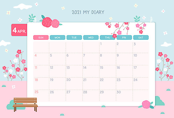 꽃 벤치 일러스트 프레임 사람없음 다이어리 봄 달력 벚꽃 날짜 4월 스케줄러 스케쥴러 월 다이어리속지 파스텔톤 프레임일러스트 국내일러스트 AI파일 식물 계절 컬러 의자 사무용품 파일형식 벡터