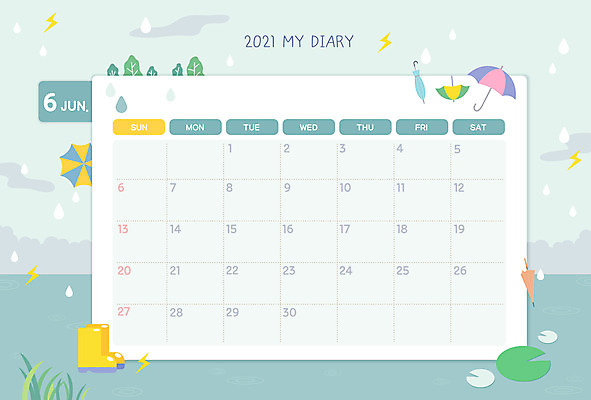 일러스트 우산 프레임 장화 사람없음 여름 다이어리 달력 비 날짜 6월 장마 스케줄러 스케쥴러 월 다이어리속지 파스텔톤 프레임일러스트 국내일러스트 AI파일 자연요소 계절 컬러 신발 날씨 사무용품 비_날씨 파일형식 벡터