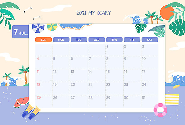 파도 바다 일러스트 프레임 해변 사람없음 여름 야자수 다이어리 달력 날짜 스케줄러 스케쥴러 7월 월 다이어리속지 파스텔톤 프레임일러스트 국내일러스트 AI파일 나무 계절 컬러 사무용품 파일형식 벡터