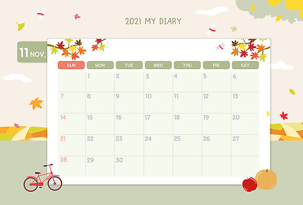 단풍 낙엽 일러스트 프레임 사람없음 다이어리 자전거 달력 가을 날짜 11월 스케줄러 스케쥴러 월 다이어리속지 파스텔톤 프레임일러스트 국내일러스트 AI파일 계절 컬러 잎 사무용품 바이크 파일형식 벡터