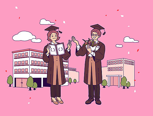 전신 여자 노년 남자 분홍색 꽃다발 중년 일러스트 졸업 학교 졸업생 들기 사람 두명 축하 졸업장 노인대학 만학도 신노년 국내일러스트 AI파일 라이프스타일 교육 꽃 컬러 컨셉 모션 성인 대학교 파일형식 벡터