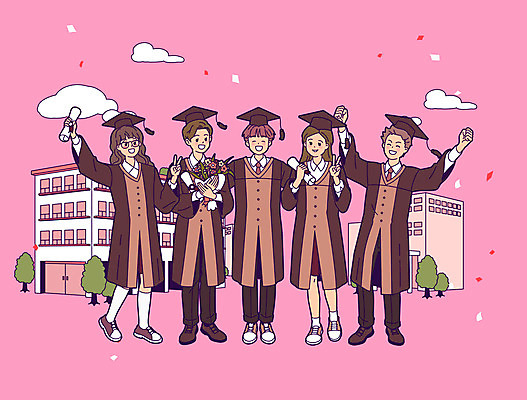 전신 여학생 여자 남자 남학생 분홍색 꽃다발 일러스트 학사모 졸업 학교 졸업생 들기 사람 여러명 친구 만세 축하 졸업가운 졸업장 졸업사진 국내일러스트 AI파일 모자_잡화 학생 교육 꽃 컬러 다수 컨셉 관계 모션 가운 파일형식 벡터