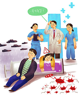 전신 PSD 구름 여자 남자 일러스트 의학 병원 피곤 주사기 여러명 고통 환자 간호사 의사 바이러스 한숨 질병 위험 감기 사회이슈 박테리아 무기력 백신 예방접종 인플루엔자 증상 휴유증 보건 부작용 국내일러스트 자연요소 감정 다수 컨셉 의료기기 사람 의료진 접종 파일형식