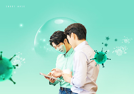 PSD 편집이미지 남자 마스크 상반신 두명 전자제품 비눗방울 스마트 박테리아 민트색 코로나바이러스 델타변이바이러스 이미지편집 컬러 컨셉 의학 사람 바이러스 파일형식