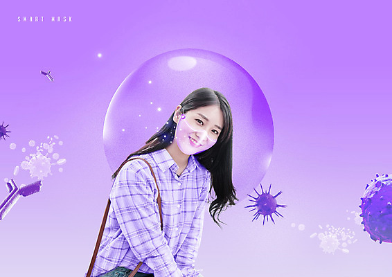 PSD 편집이미지 여자 마스크 한명 상반신 20대 머리 보라색 한국인 비눗방울 스마트 박테리아 머리결 코로나바이러스 델타변이바이러스 이미지편집 1 컬러 컨셉 의학 사람 동양인 청년 신체부위 바이러스 파일형식