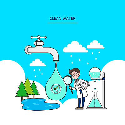전신 PSD 남자 호수 하늘색 일러스트 돋보기 실험 한명 성인 깨끗함 오염 연구원 비커 수질오염 수돗물 국내일러스트 직업 1 컨셉 실험기구 사람 물 파란색 환경오염 파일형식