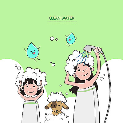 PSD 여자 반려견 어린이 일러스트 모녀 상반신 성인 두명 연두색 물 깨끗함 목욕 물방울 오염 강아지 샤워기 수질오염 반려 국내일러스트 자연요소 딸 컨셉 가족 엄마 사람 초록색 반려동물 청결 환경오염 개 파일형식