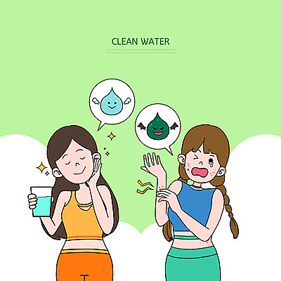 PSD 여자 일러스트 상반신 두명 신체부위 초록색 물 깨끗함 환경오염 오염 피부 피부관리 수질오염 피부질환 피부병 국내일러스트 자연요소 컬러 컨셉 사람 뷰티 질병 파일형식