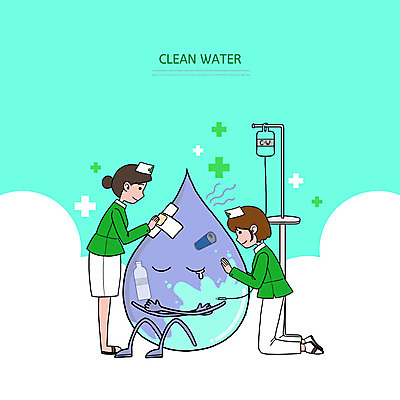 전신 PSD 여자 일러스트 두명 물 깨끗함 간호사 물방울 오염 링거 수질오염 돌봄 민트색 폐수 국내일러스트 자연요소 컬러 컨셉 의료기기 모션 사람 의료진 환경오염 파일형식