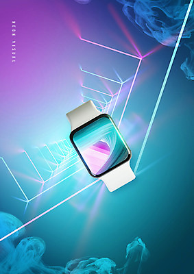 PSD 편집이미지 분홍색 백그라운드 그래픽백그라운드 사람없음 그래픽 빛 연기 청록색 스마트워치 이미지편집 컬러 스마트기기 웨어러블 파일형식