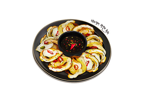 PSD 접시 한식 음식 일러스트 사람없음 간장 감자전 디테일 국내일러스트 식기 양념 전 파일형식