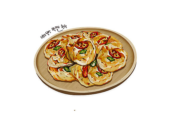 PSD 한식 음식 일러스트 사람없음 감자전 나무접시 디테일 국내일러스트 접시 전 파일형식