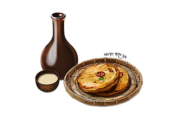 PSD 한식 음식 술잔 일러스트 사람없음 바구니 막걸리 녹두전 디테일 막걸리잔 항아리술병 국내일러스트 술병 잔 주류 전 파일형식