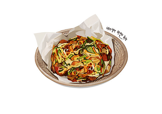 PSD 한식 음식 일러스트 사람없음 바구니 기름종이 해물파전 디테일 국내일러스트 종이 파전 파일형식