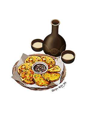 PSD 한식 음식 일러스트 사람없음 바구니 간장 막걸리 감자전 디테일 막걸리잔 항아리술병 국내일러스트 술잔 술병 주류 양념 전 파일형식