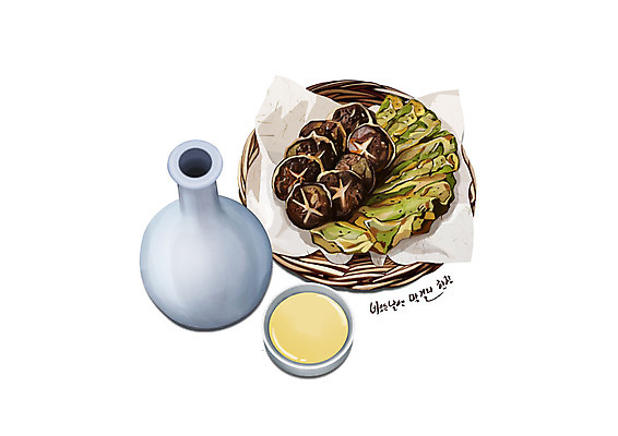 PSD 한식 음식 술잔 일러스트 사람없음 바구니 막걸리 버섯전 표고전 디테일 막걸리잔 고추전 항아리술병 국내일러스트 술병 잔 주류 전 파일형식