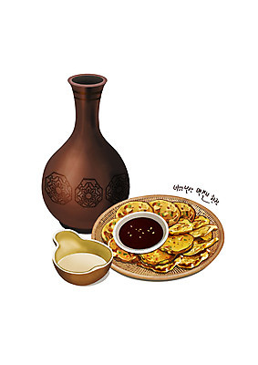 PSD 한식 음식 일러스트 사람없음 간장 막걸리 감자전 디테일 박술잔 항아리술병 국내일러스트 술잔 술병 주류 양념 전 파일형식