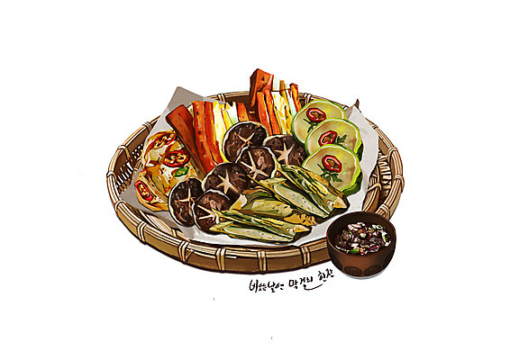 PSD 한식 음식 일러스트 사람없음 바구니 간장 감자전 꼬치전 모듬전 버섯전 표고전 호박전 디테일 삼색전 국내일러스트 양념 전 파일형식
