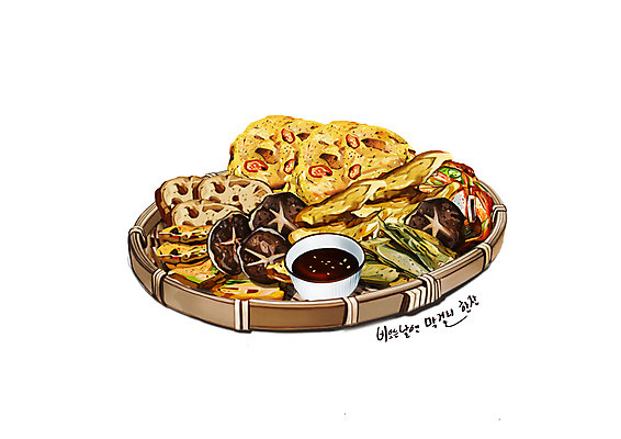 PSD 한식 음식 일러스트 사람없음 바구니 간장 김치전 녹두전 모듬전 버섯전 호박전 디테일 소고기전 국내일러스트 양념 전 파일형식