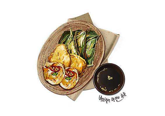 PSD 한식 음식 일러스트 사람없음 간장 감자전 명태전 모듬전 디테일 라탄접시 깻잎전 국내일러스트 접시 양념 전 파일형식