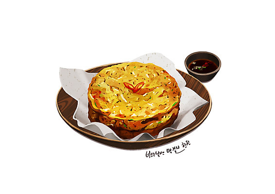 PSD 한식 음식 일러스트 사람없음 간장 감자전 기름종이 나무접시 디테일 국내일러스트 접시 종이 양념 전 파일형식