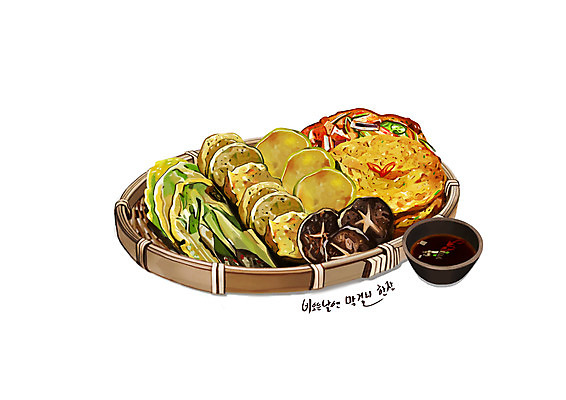 PSD 한식 음식 일러스트 사람없음 바구니 동그랑땡 간장 김치전 녹두전 모듬전 표고전 호박전 디테일 깻잎전 국내일러스트 양념 전 파일형식