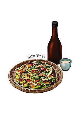 PSD 한식 음식 술잔 일러스트 술병 사람없음 바구니 막걸리 부추전 디테일 국내일러스트 병_용기 잔 주류 부침개 파일형식