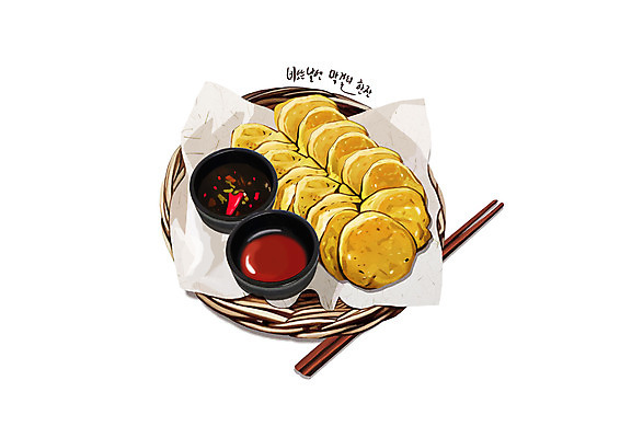 PSD 한식 음식 일러스트 젓가락 사람없음 바구니 소스 감자전 기름종이 디테일 국내일러스트 종이 수저 양념 전 파일형식