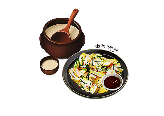 PSD 접시 한식 음식 일러스트 사람없음 국자 간장 막걸리 김치전 나무주걱 디테일 막걸리잔 국내일러스트 식기 술잔 주방용품 주류 목재 양념 전 주걱 파일형식