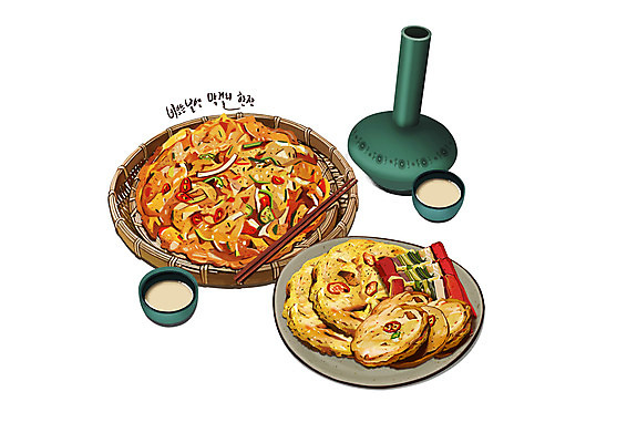 PSD 한식 음식 술잔 일러스트 젓가락 술병 사람없음 바구니 막걸리 감자전 김치전 녹두전 모듬전 디테일 삼색전 국내일러스트 병_용기 잔 주류 수저 전 파일형식