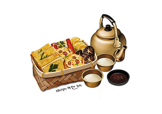 PSD 한식 음식 일러스트 사람없음 바구니 간장 막걸리 감자전 녹두전 두부전 모듬전 버섯전 양은주전자 디테일 막걸리잔 삼색전 국내일러스트 술잔 주전자 주류 양념 전 파일형식
