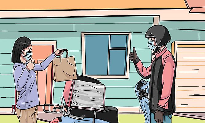 여자 남자 일러스트 모바일 마스크 상반신 두명 엄지손가락 오토바이 배달원 헬멧 고객 배송 모바일쇼핑 온라인구매 코로나바이러스 사회적거리두기 생활방역 생활수칙 델타변이바이러스 국내일러스트 AI파일 직업 캠페인 손가락 건강 사람 바이크 바이러스 보호장비 온라인쇼핑 방역 파일형식 벡터