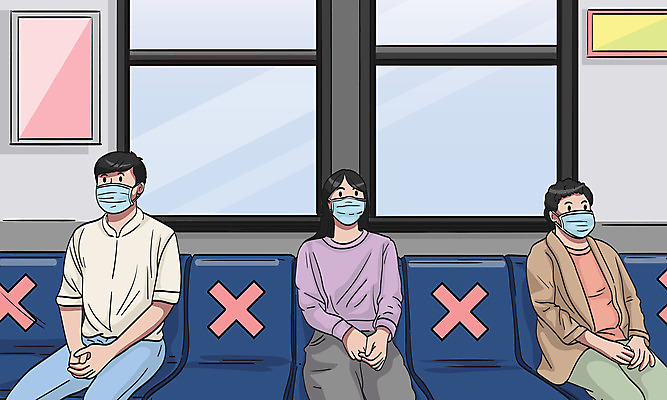 전신 공공시설 여자 남자 일러스트 마스크 앉기 세명 전철 승객 코로나바이러스 사회적거리두기 생활방역 생활수칙 델타변이바이러스 국내일러스트 AI파일 육상교통 캠페인 모션 대중교통 건강 사람 바이러스 시설 방역 파일형식 벡터