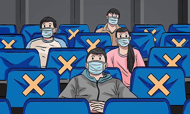 공공시설 여자 남자 일러스트 마스크 여러명 상반신 파란색 금지 X 영화관 극장 아니오 영화감상 코로나바이러스 사회적거리두기 생활방역 생활수칙 델타변이바이러스 국내일러스트 AI파일 알파벳 캠페인 컬러 다수 건강 사람 감상 바이러스 영화 시설 방역 파일형식 벡터