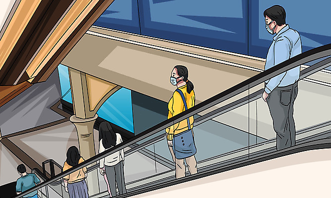 전신 여자 남자 일러스트 마스크 서기 여러명 쇼핑몰 에스컬레이터 공공장소 코로나바이러스 사회적거리두기 생활방역 생활수칙 델타변이바이러스 국내일러스트 AI파일 캠페인 다수 모션 건강 사람 장소 바이러스 방역 파일형식 벡터