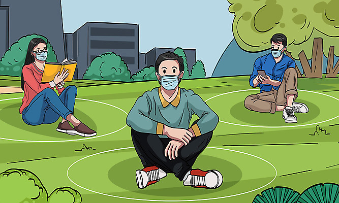 전신 나무 공원 여자 남자 안경 일러스트 휴식 마스크 앉기 건물 책 세명 독서 공공장소 코로나바이러스 사회적거리두기 생활방역 생활수칙 델타변이바이러스 국내일러스트 AI파일 식물 건축물 잡화 공공시설 캠페인 컨셉 모션 건강 사람 장소 바이러스 방역 파일형식 벡터